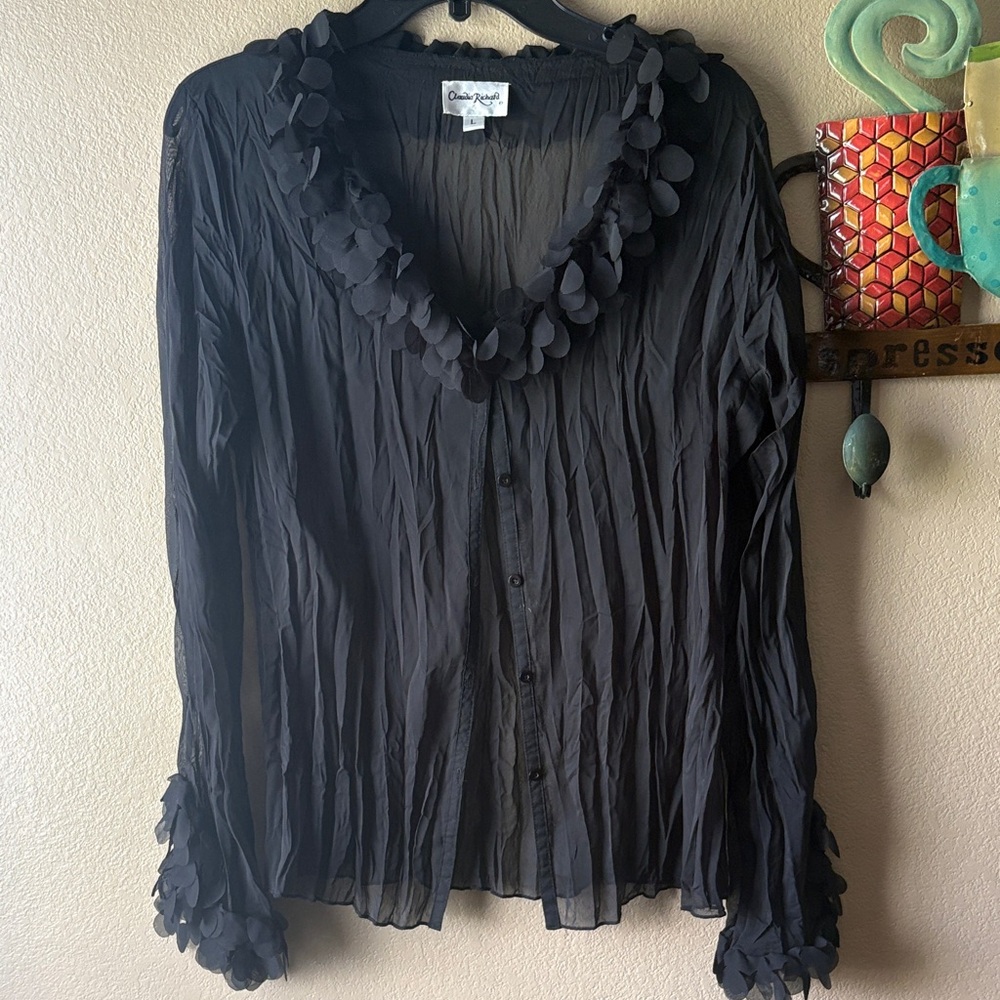 Claudia Richard Black Sheer Button-Down Blouse with Petal Trim